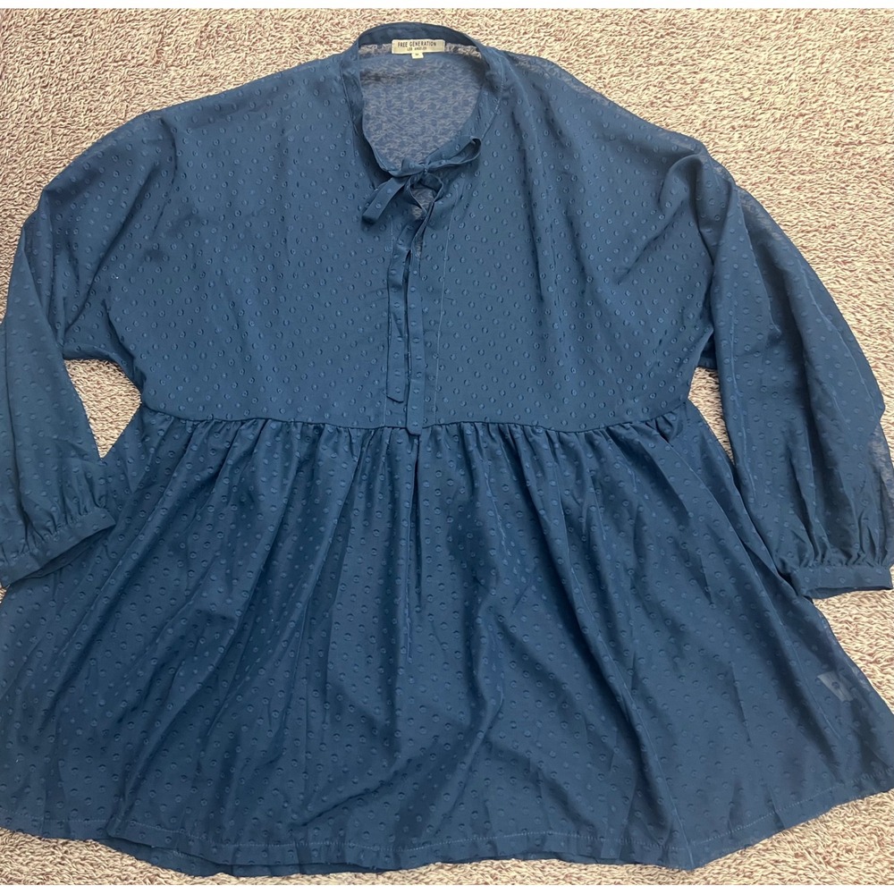Free Generation Los Angeles Navy Blue Swiss Dot Babydoll Tie Neck Blouse Medium